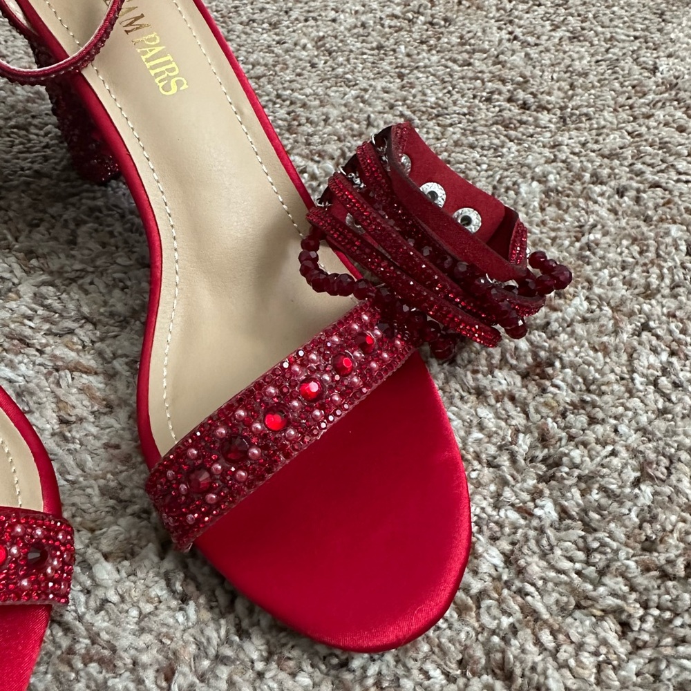 Dream Pairs Red Rhinestone Heels Ankle Strap Block Heel Sandals Ruby Size 8 - Picture 9 of 11